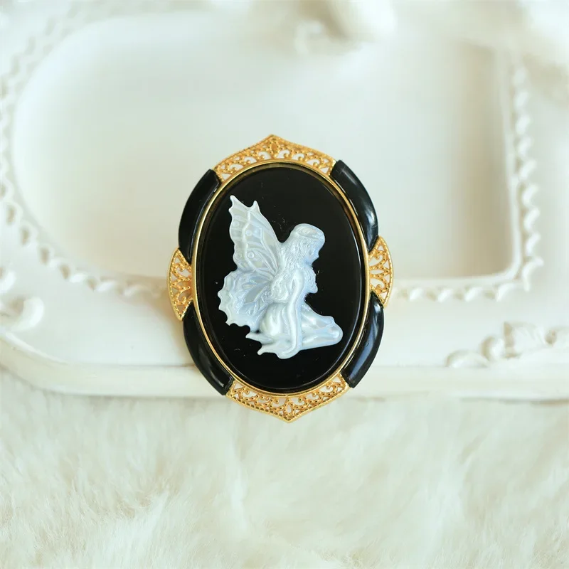 S925 Silver Inlaid Shell Carving Series Butterfly Fairy Brooch Pendant Dual-purpose