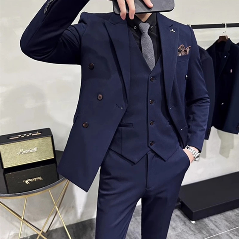 

2023 Fashion new men's leisure boutique business solid color slim wedding suit / Men's striped 3 Pcs blazers jacket pants vest