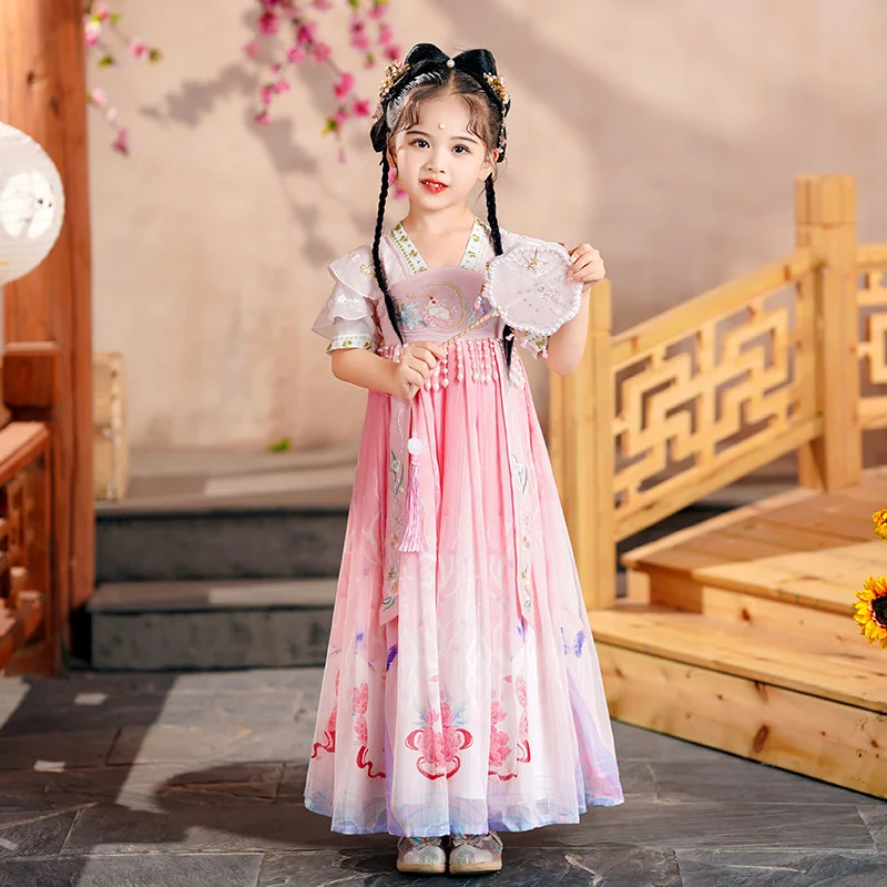 Hanfu Dress Tang Suit Girls 2023 Summer Chinese Style Fashion V-Neck Short Sleeve Embroidery Patchwork Princess Ancient Costume