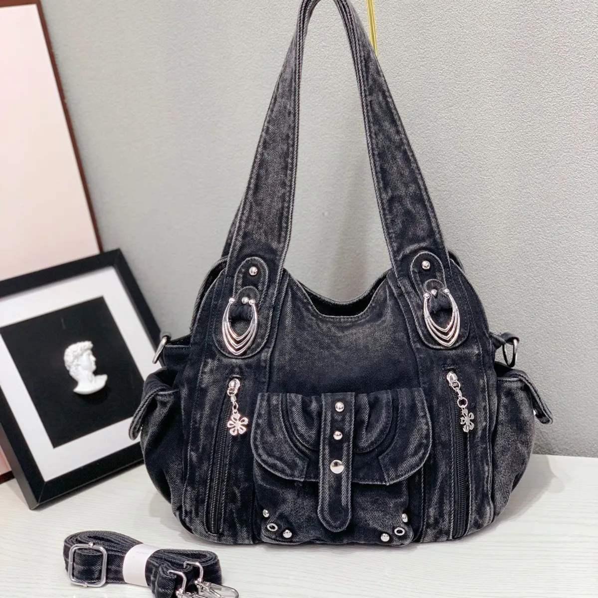 

Женская сумка, модная джинсовая сумка на плечо, повседневная черная сумка-хобо, сумка-портфель, большой карман для мобильного телефона, кошелек
