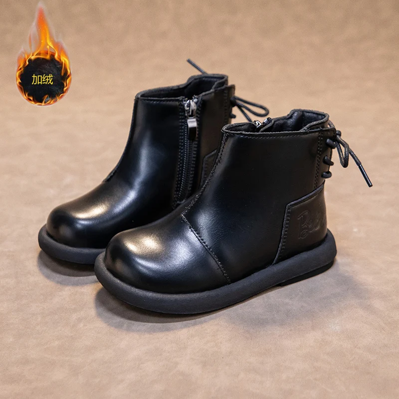 2025 جديد الأطفال أحذية بوت قصيرة أسلوب بسيط بنين بنات حذاء من الجلد الدافئة السببية الاطفال أحذية جلدية أنيقة الجانب سستة الدانتيل يصل #4