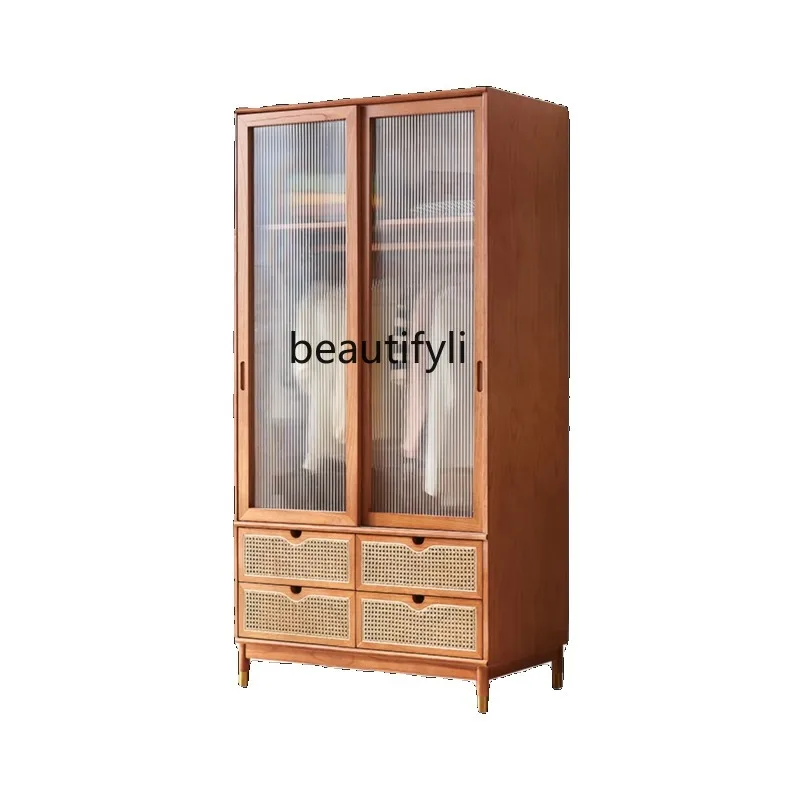 

Glass Door Solid Wood Wardrobe Sliding Door Bedroom and Household Large Capacity Rattan Wardrobe Simple Homestay Hotel Locker