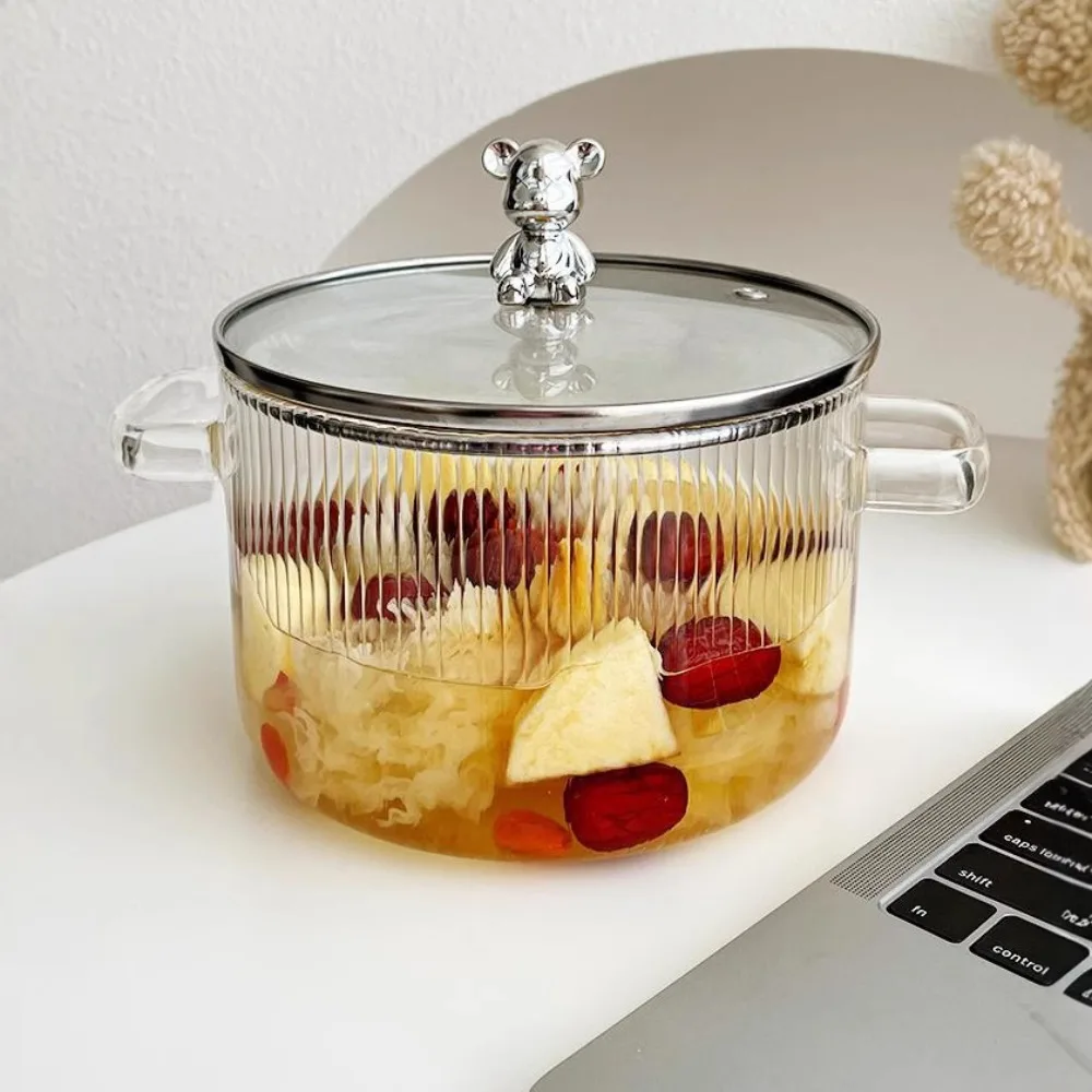 Transparent Bear Glass Saucepan Heat Resistant Large Capacity Cooking Pot With Lid Binaural Handle Ramen Bowl Porridge