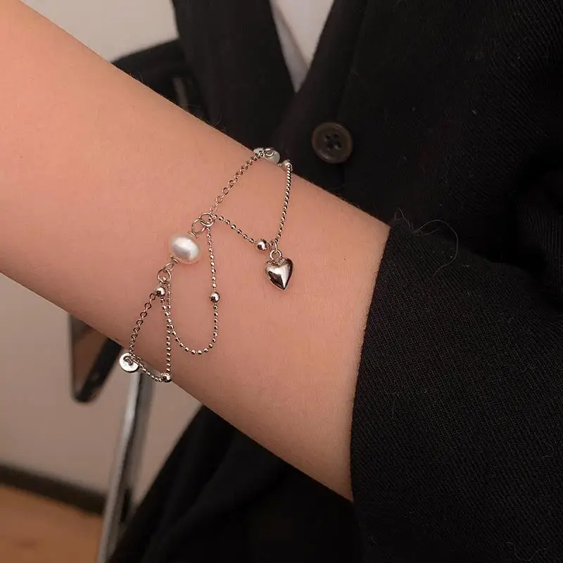 

silver 925 glossy double-layer pearl heart-shaped magnetic high-end bracelets for women light luxury exquisite bracelet jewelry