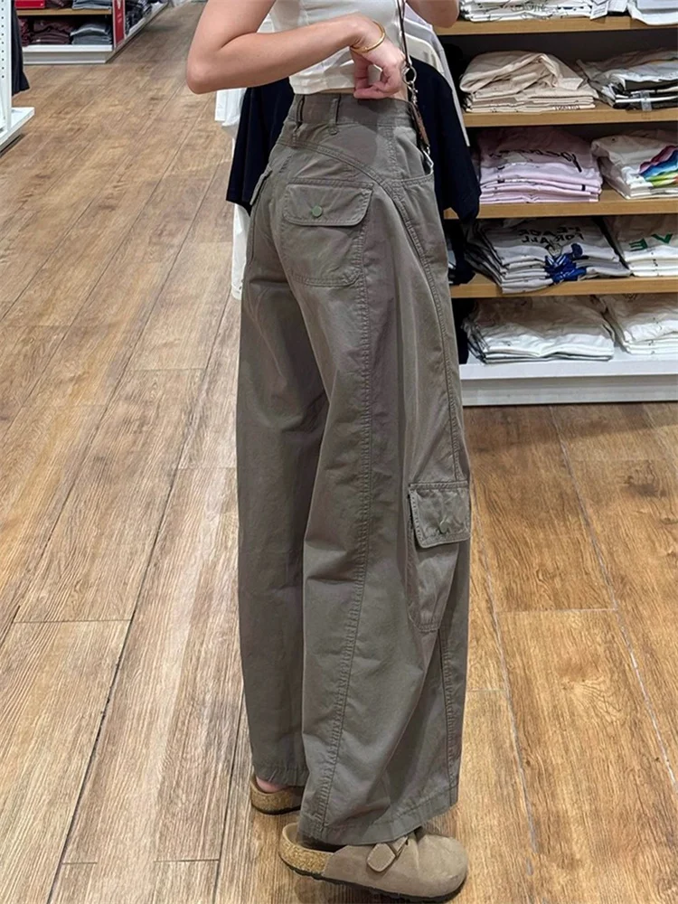 Curved Hem Cargo Pants Women 2025 Fall American Retro Y2K Girl Wide Leg Trousers Loose Multi Pocket Streetwear Chic Comfort Fit