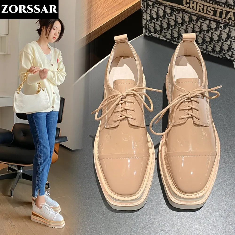 

2024 New Patent Leather Women Flat Platform Shoes Lace Up Moccains Ladies Casual Shoes Woman Thick Sole Brogue Creepers Sneakers