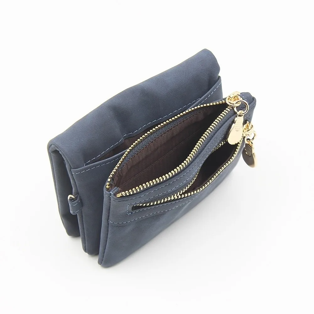 PU Leather Double Zipper Purse Frosted Finish Multiple Card Slots Folding Wallet Coin Pocket ID Card Window Wrist Bag