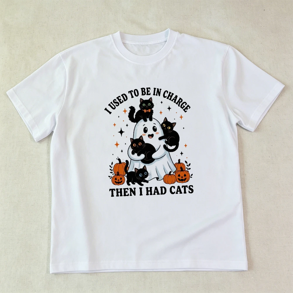Playful Fall Unisex Cotton Tshirt Friendly Ghost Surrounded By Black Cats Pumpkin Star Halloween Print Short Sleeve Men Clothing