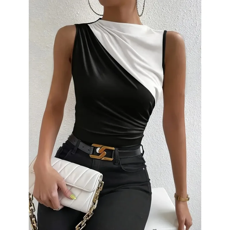 

Топ без рукавов с круглым вырезом в виде листьев лотоса — тонкий пошив, элегантный дизайн для женщин — идеально подходит для весны/лета