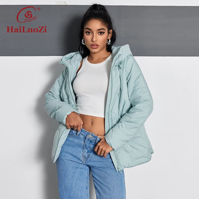 HaiLuoZi 2024 New Spring Women\'s Coat Short Thin Cotton Slim Parkas Slant Pockets Hooded Zipper Style Women Jacket 1231