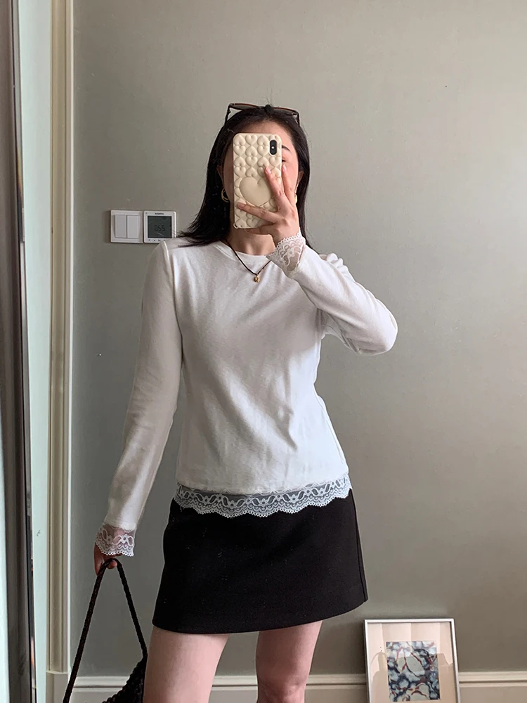 

Осень-зима, новая базовая приятная для кожи эластичная кружевная основа, маленькая версия, повседневная футболка из смеси хлопка для женщин ort Sve