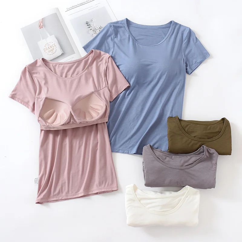 Women's Built in Bra T-Shirt Padded Short Sleeve Fitted Top Round Neck No Bra Needed