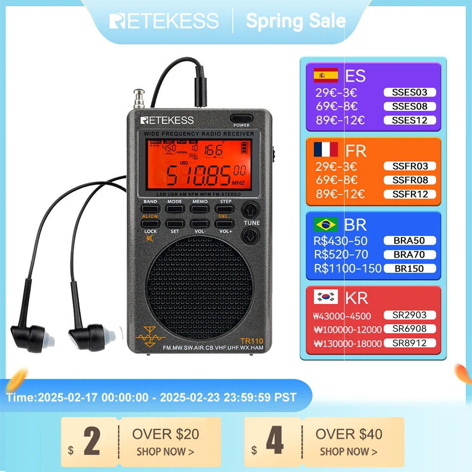 Retekess TR110 Radio FM Receiver Portable SSB Shortwave Radios AM FM All Waves Band CB AIR Band Ham Radio SW MW LSB VHF UHF