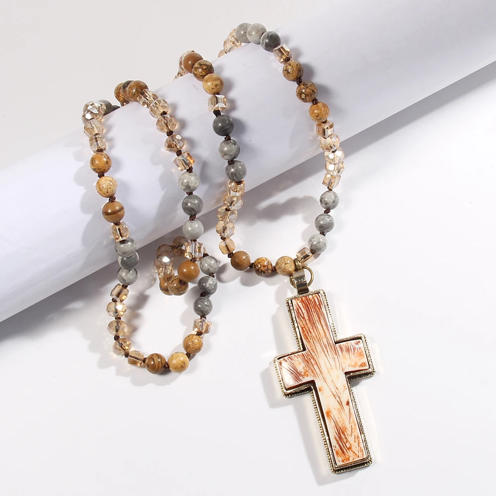 Spring Fashion Bohemian 8mm Natural Stone Crystal Glass Knot Necklace Resin Cross Pendant Necklace Sweater Chain