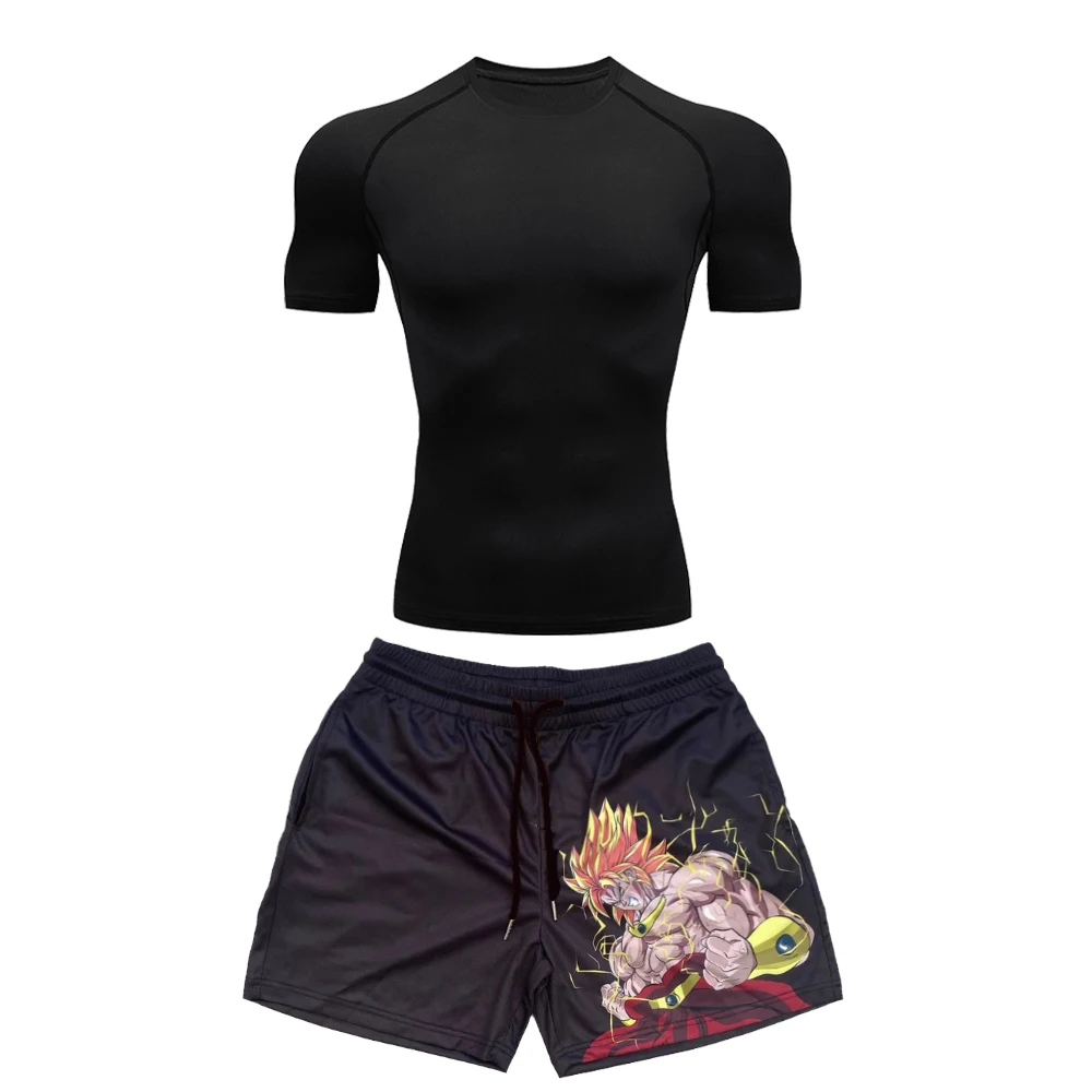 Anime Compression Sportswear Suit Fitness Gothic Men\'s Set Quick Dry Rashguard Compression Shirts + Manga Gym Shorts Summer