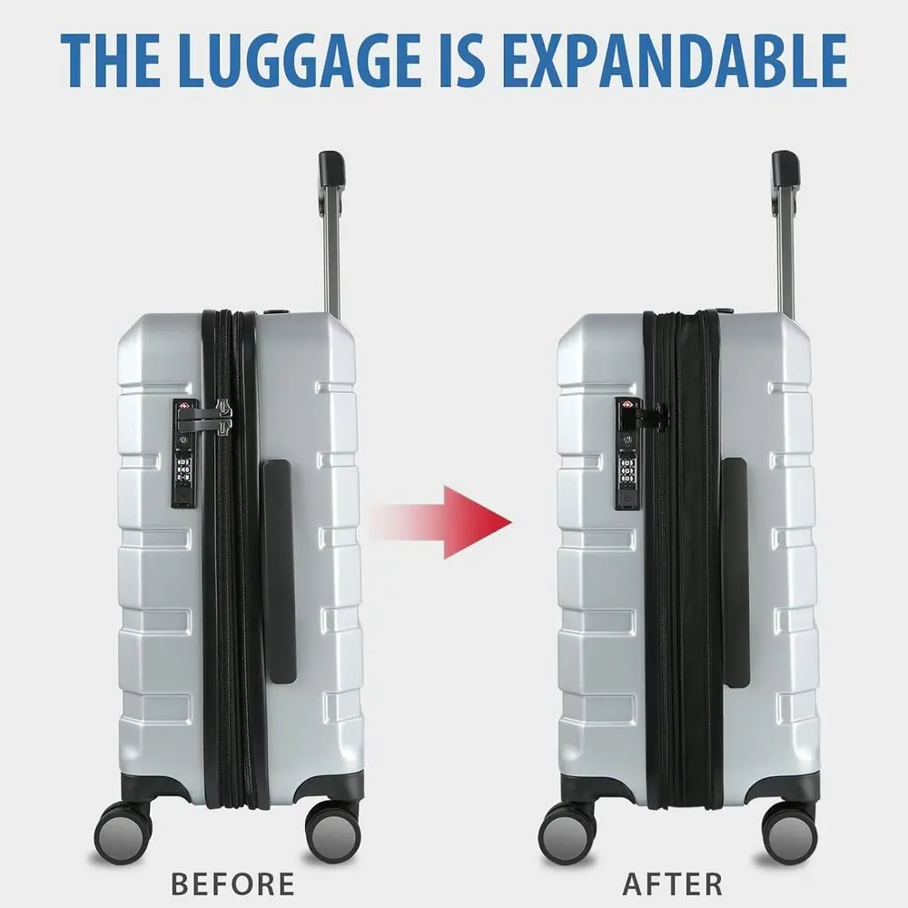 Expandable Hardside Spinner Luggage with TSA Lock, 20-Inch USB-Enabled Carry-On Suitcase, Silver Grey