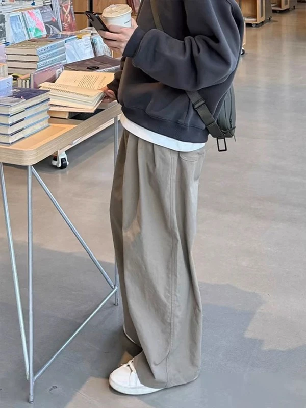 ย้อนยุคญี่ปุ่นสเลสีกากีชุดทำงานกางเกงลำลองผู้ชายฤดูร้อนใหม่ตรงหลวมขากว้างกางเกงยาวอเนกประสงค์หลวมพอดี