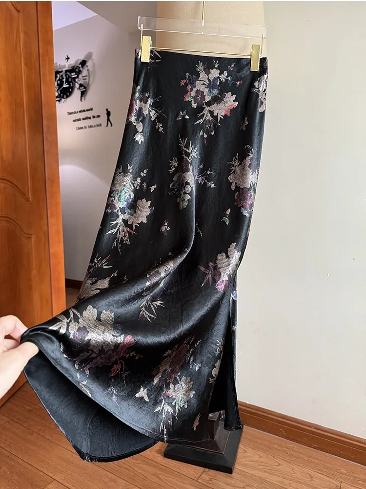 Elegant Acetate Printed Skirt for Women 2024 Summer New Fashion High Waist Slim Drape Mid-Length Fishtail Skirt Ladies Skirts