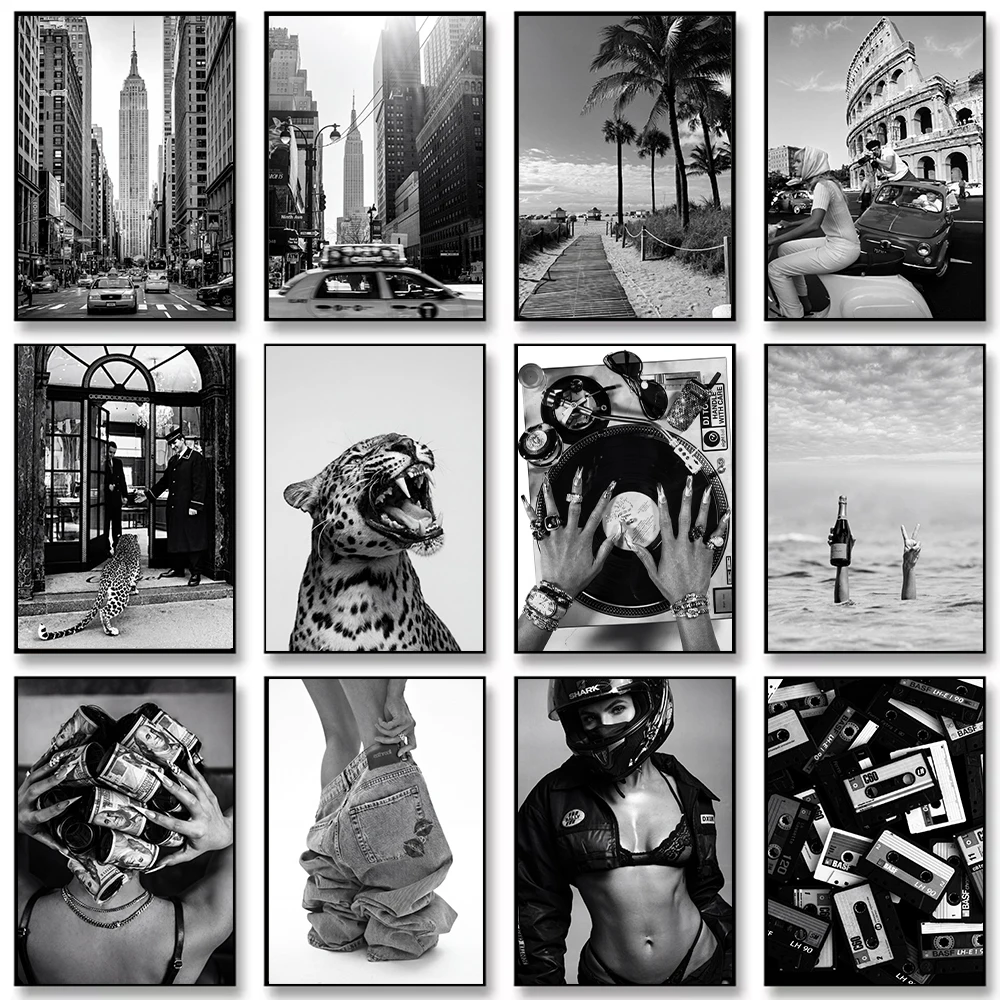 Black and White Wall Art Street View Coastal Wild Leopard Y2K Canvas Painting Wall Art Poster Picture Home Decor Mural Cuadros