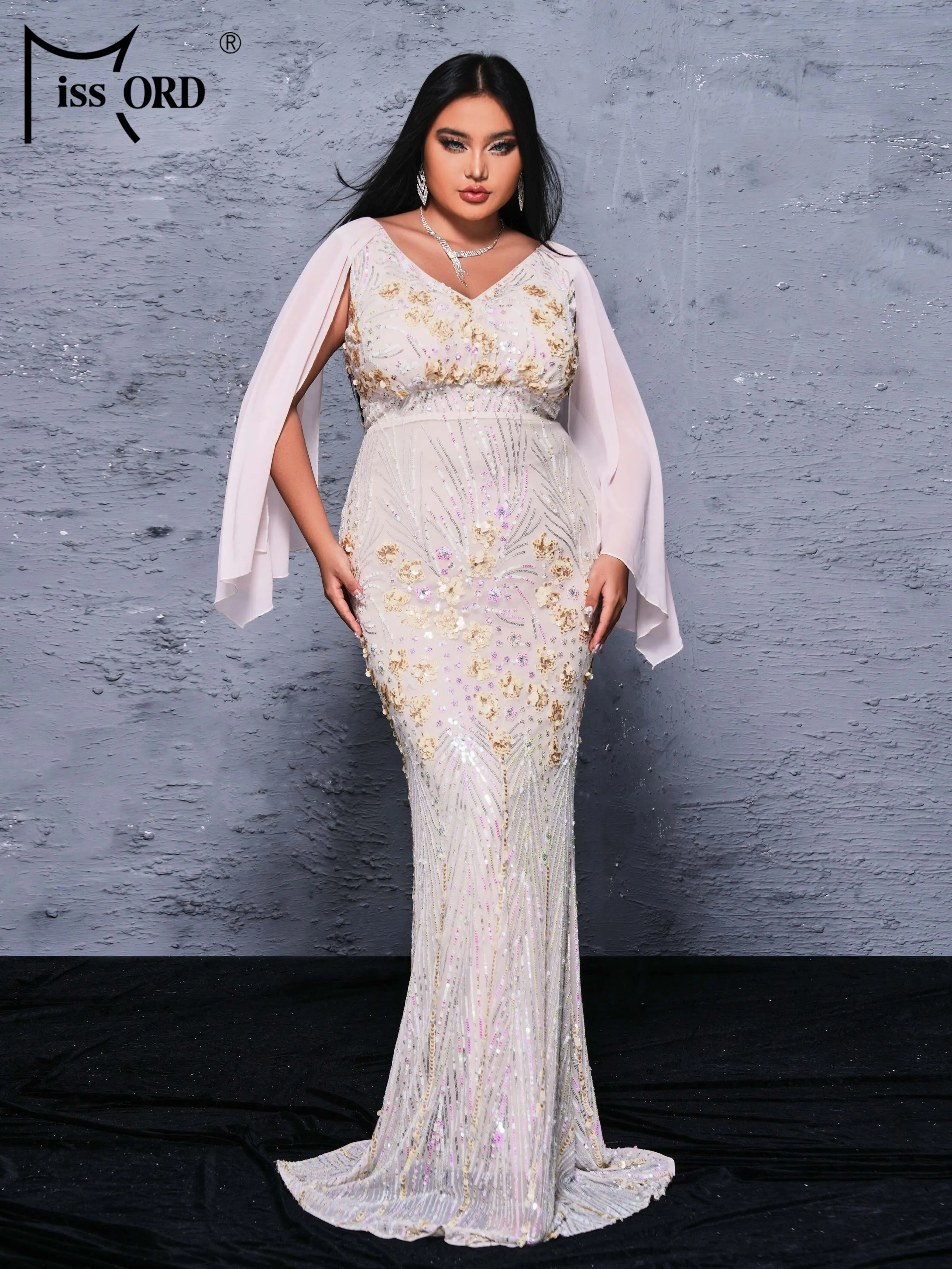 

Missord Plus Size New V Neck Sequin Mermaid Evening Gown Wedding Birthday Party Floor Length Church Cocktail Prom Party Dress