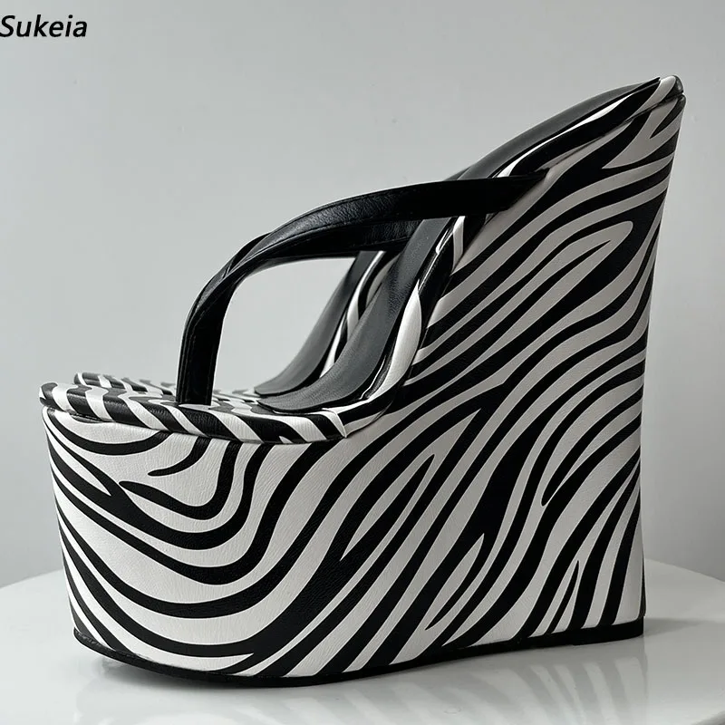 

Sukeia Handmade Women Summer Platform Sandals Slip On Wedges High Heels Round Toe Zebra Casual Shoes Ladies US Plus Size 4-15