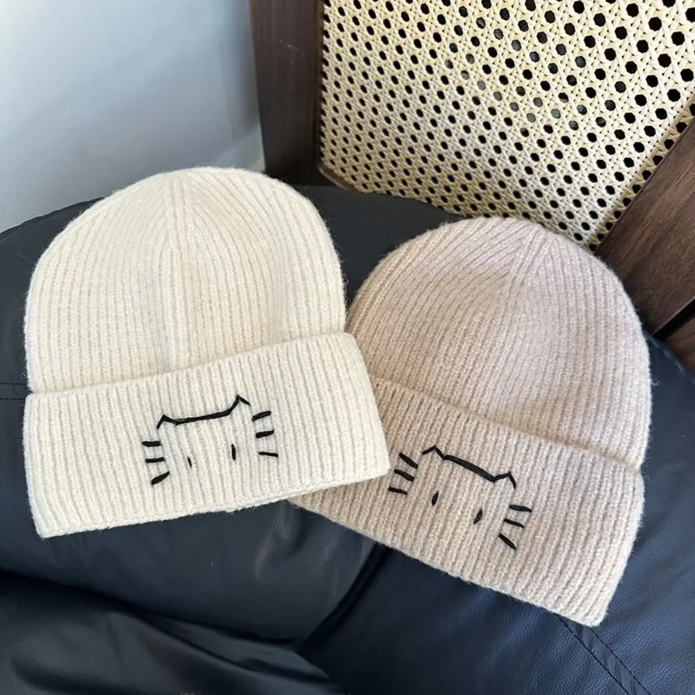 أزياء مطرزة هريرة لطيف القط محبوك قبعة دافئة الصوف متماسكة بيني الكورية خمر الطباعة متماسكة قبعة في الهواء الطلق #3