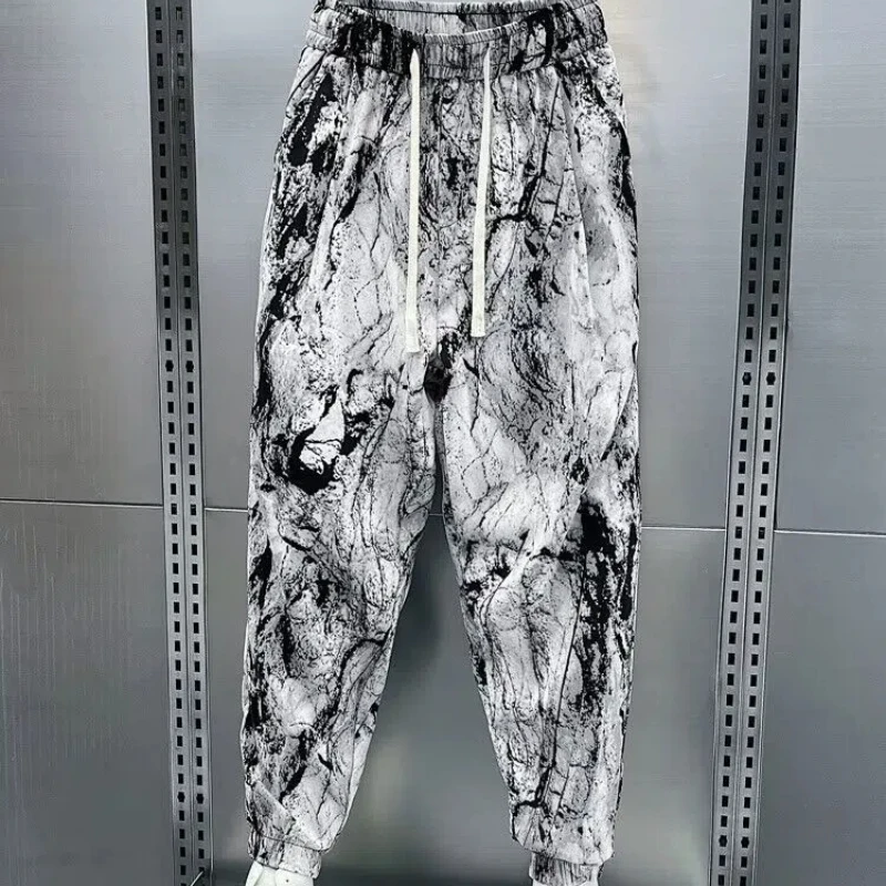 Fashion High Street Summer Men's Tie Dye Pockets Elastic Waist Drawstring Trend Versatile Casual Bound Feet Loose Haren Pants