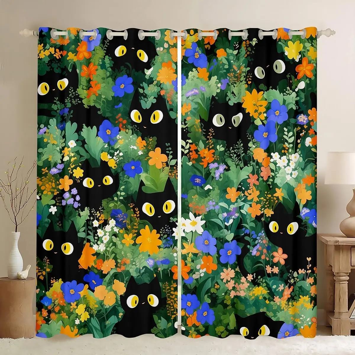 Adorable Cat and Flower Pattern Curtains Panels Black Background Floral Cottagecore Window Curtain Pair for Home Decor Living Ro