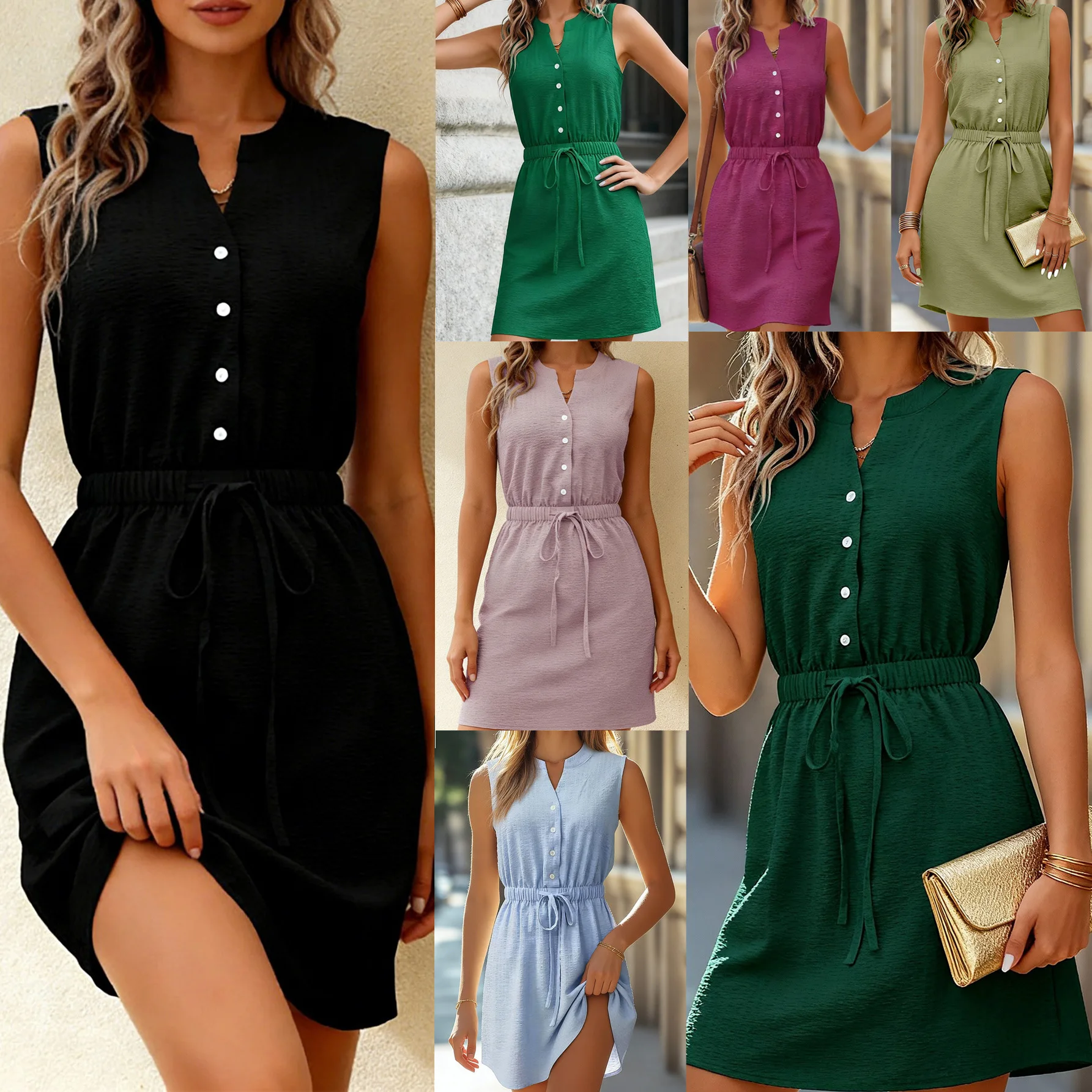 Women's V Neck Single Breasted Button Drawstring Waist Sleeveless Casual Mini Dress Comfortable Versatile Commuter Female Dress