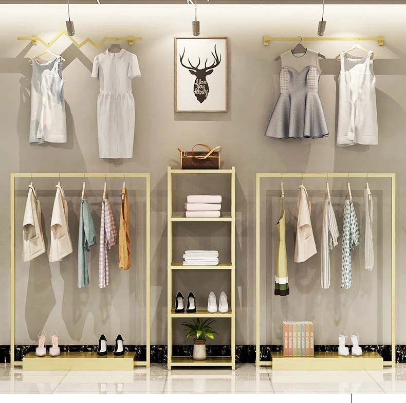 China New Design Style Gold Retail Custom Wall Metal Bracket Bedroom Clothing Display Cabinet