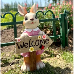 Cute Rabbit Wayfinding Sign Resin Painted Animal Ornaments Garden Lawn Miniature Items, Kindergarten Standing Style Welcome Sign