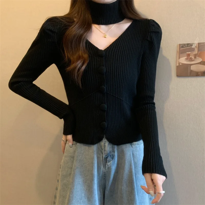 Spring and Autumn Women\'s V-neck Knitted Sweater Long Sleeved Shirt Halter Gentle and Fashionable Style Short Coat Top