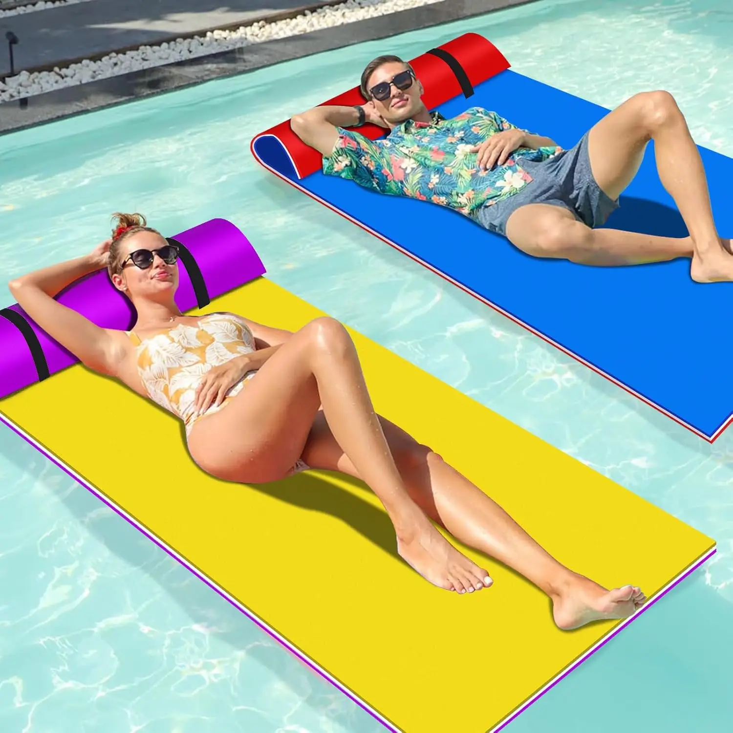 

Floating Water Mat- 8 x 3 FT Water Float Pad with Rolled Pillow,3 Layers Foam Portable Lily Pad Floating Mat for Pool Activities