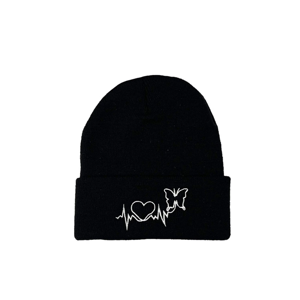 Soft Elastic Acrylic Fiber Hat Love Wave ECG Butterfly Embroidery Knitted Hat Autumn Winter Warm Outdoor Cold Beanie Cap