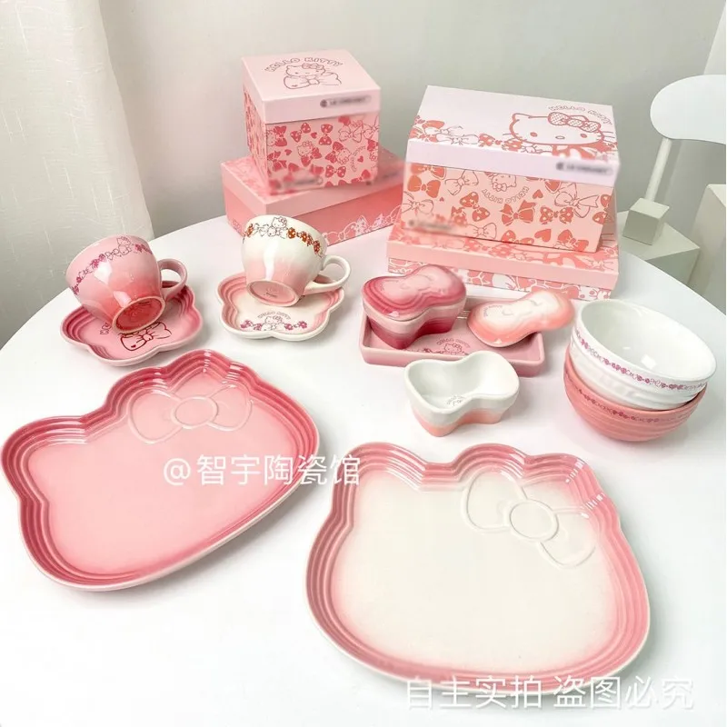 Sanrio Hello Kitty Ceramic Dinner Plate Tableware Bow Tie Shaped Dinner Plate Rice Bowl Cups And Saucers Set To Friend Send Gift