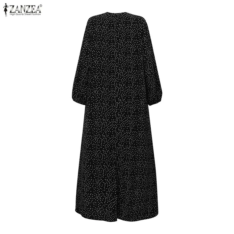 Women Muslim Modest Maxi Dress Dots Print Hijabis O-Neck Long Sleeve Loose Abaya Robes ZANZEA Islamic Ramadan Eid Kaftan