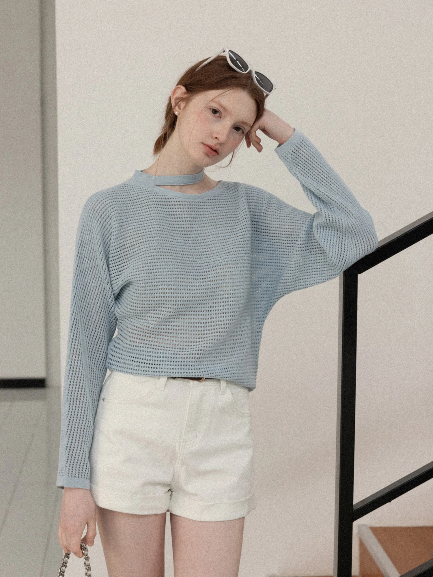 

Blue Long Sleeve Knitted Sweater Women's Loose Fit Neck Hanging Casual Style Sun Protection Top Soft Polyester Blend Knitwear