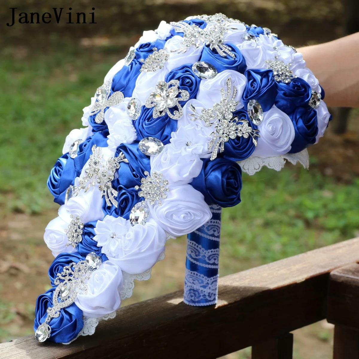 JaneVini New Silver Jewelry Cascading Bridal Bouquet Waterfall Wedding Bouquet Luxury Beaded Crystal Royal Blue and White Flower