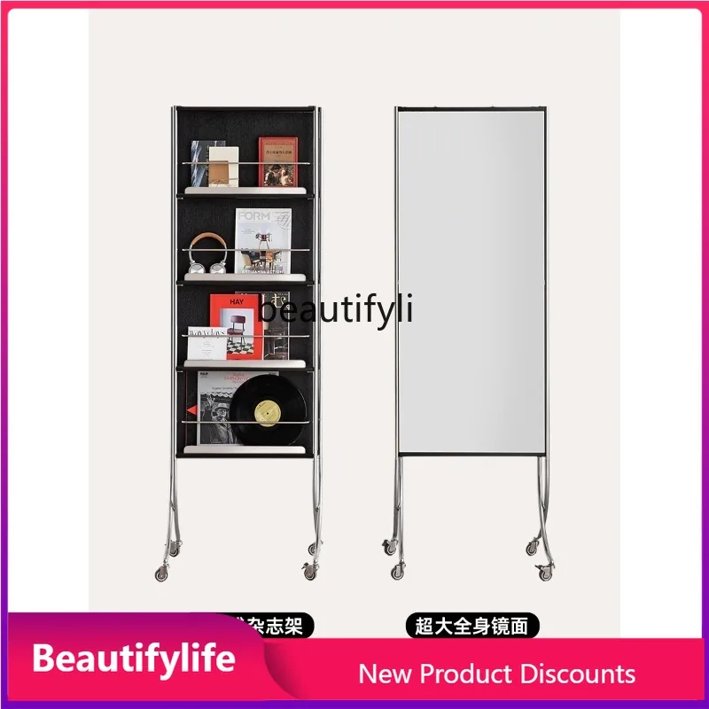 H  Vintage Light Luxury Magazine Rack Full-Length Mirror Movable Rotating Floor Mirror Solid Wood Dressing Mirror