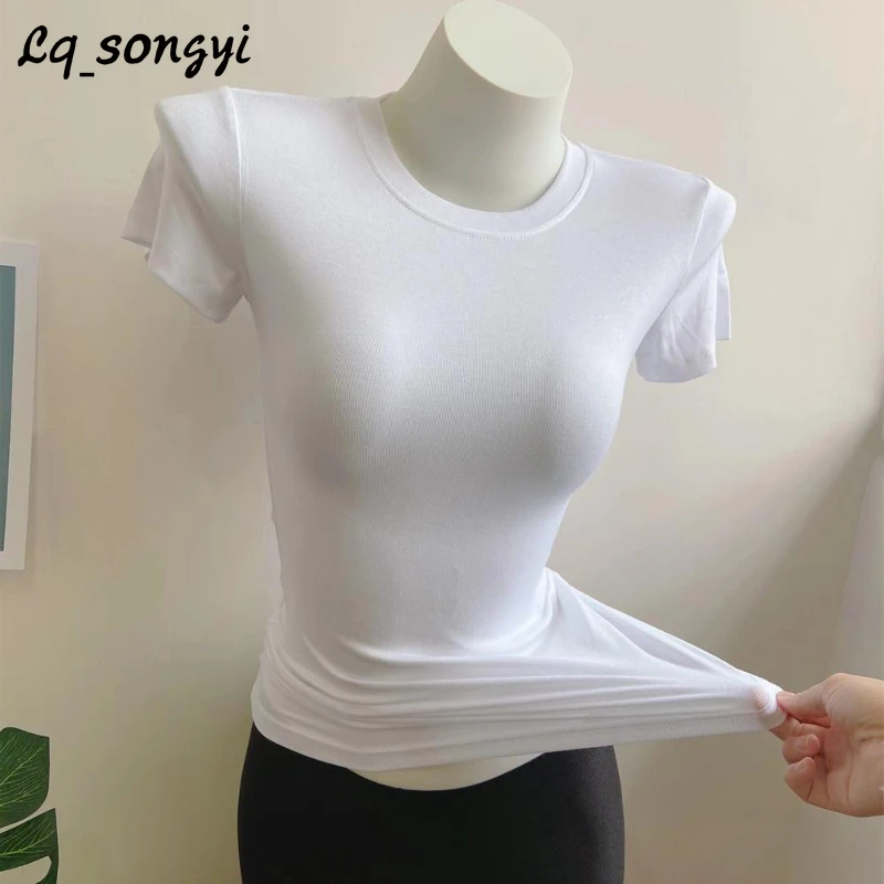 

Lq_songyi Modal O Neck T Shirts Women 2024 New Summer High Strech Top Solid Basic Soft Tops Short Sleeve Thin Slim Fit T Shirts