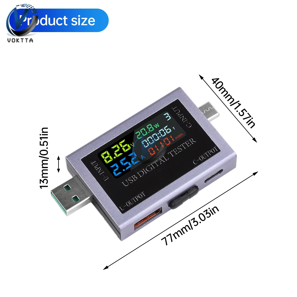 DC 4.5-50V 0-8A USB Type-C Tester Multi-function Digital Display Voltage Ammeter Power Meter DC Power Bank Charging Indicator