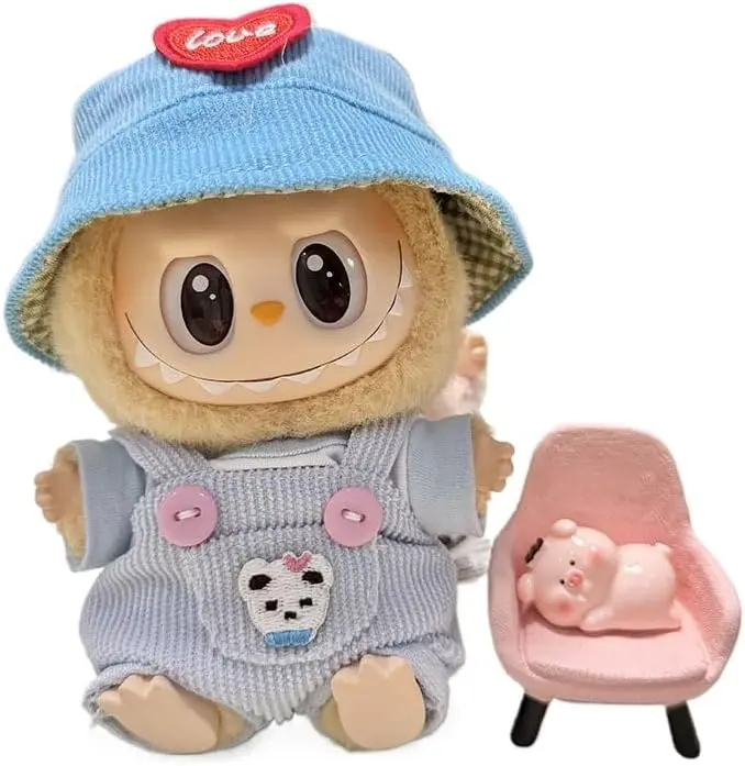 

Doll Clothes Set for Labubu - Cute Overalls with Pockets & Heart-Embroidered Fisherman Hat - 5 Vibrant Colors (Purple, Pink, Yel
