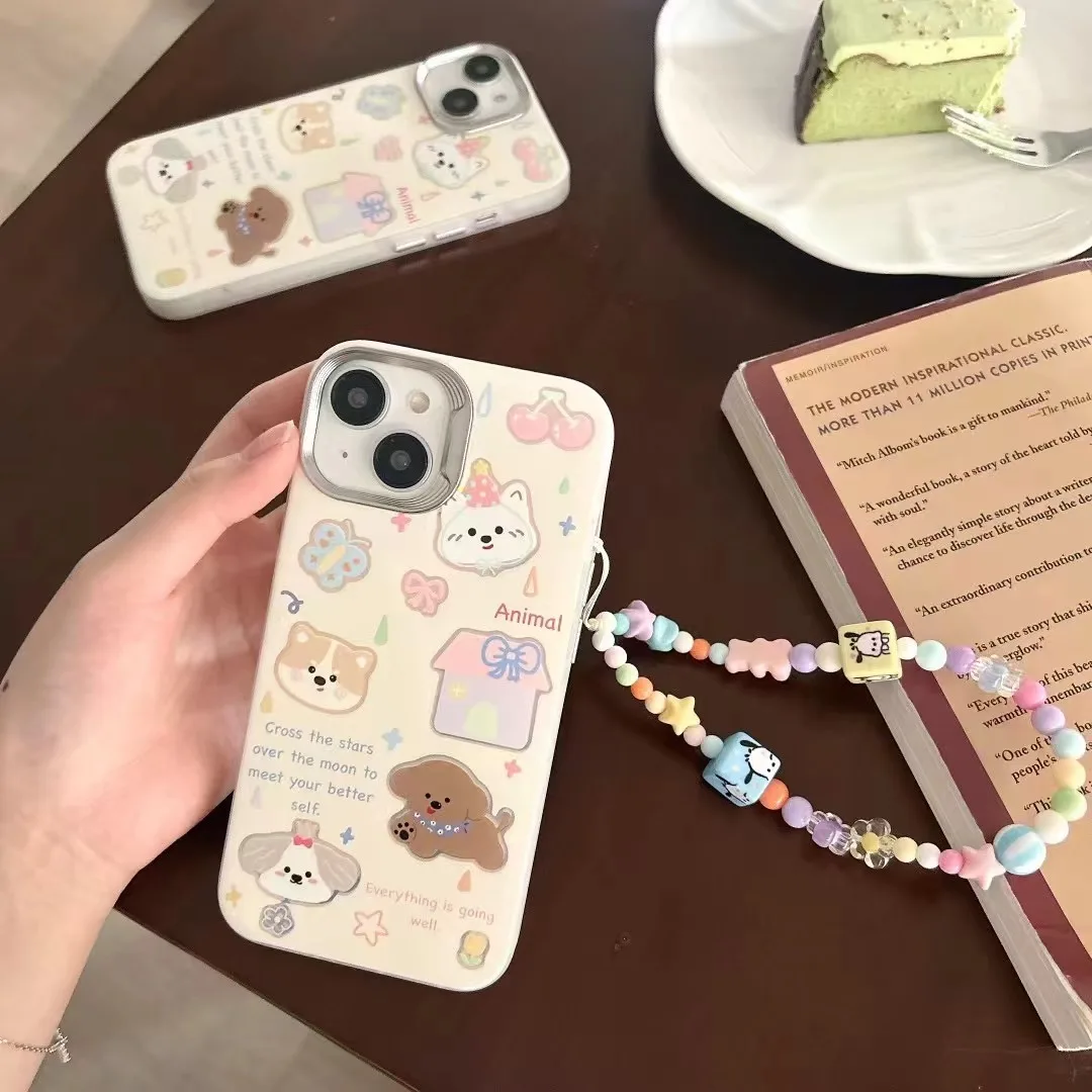 Ins Cute Cat Puppy Love Heart  Star Beads Bracelet  Case for iPhone 15 14 13 Pro Max 12 Pro Plus 11 DIY Diamond Sticker Cover