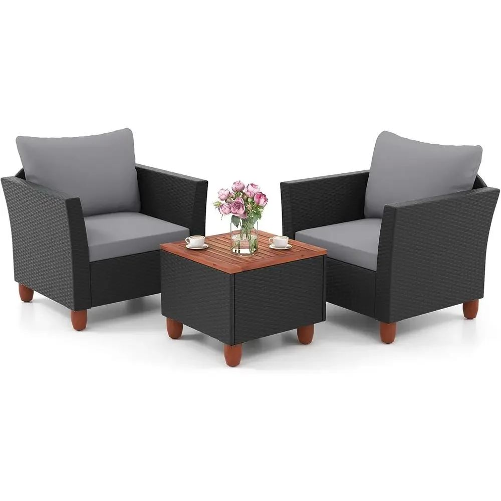 Grey Outdoor Wicker Patio Furniture Set with Cushions, Acacia Coffee Table, Ideal for Balcony, Garden, Backyard, and Poolside