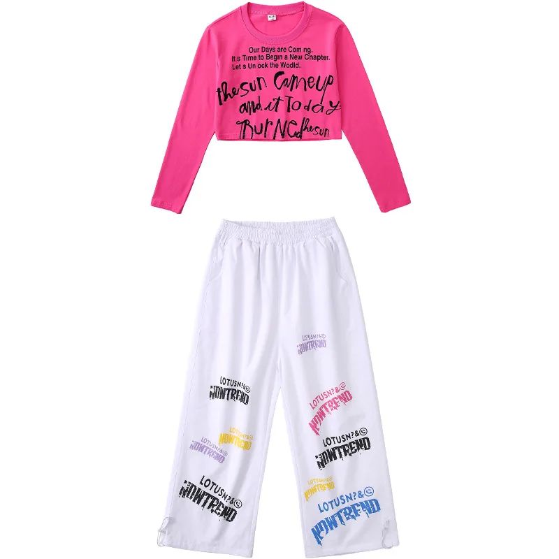 Kid Kpop Hip Hop Kleidung Rose Buchstaben Crop Langarm T-Shirt Weiß Lässige Hose mit verstellbarem Saum für Mädchen Street Dance Kostüme