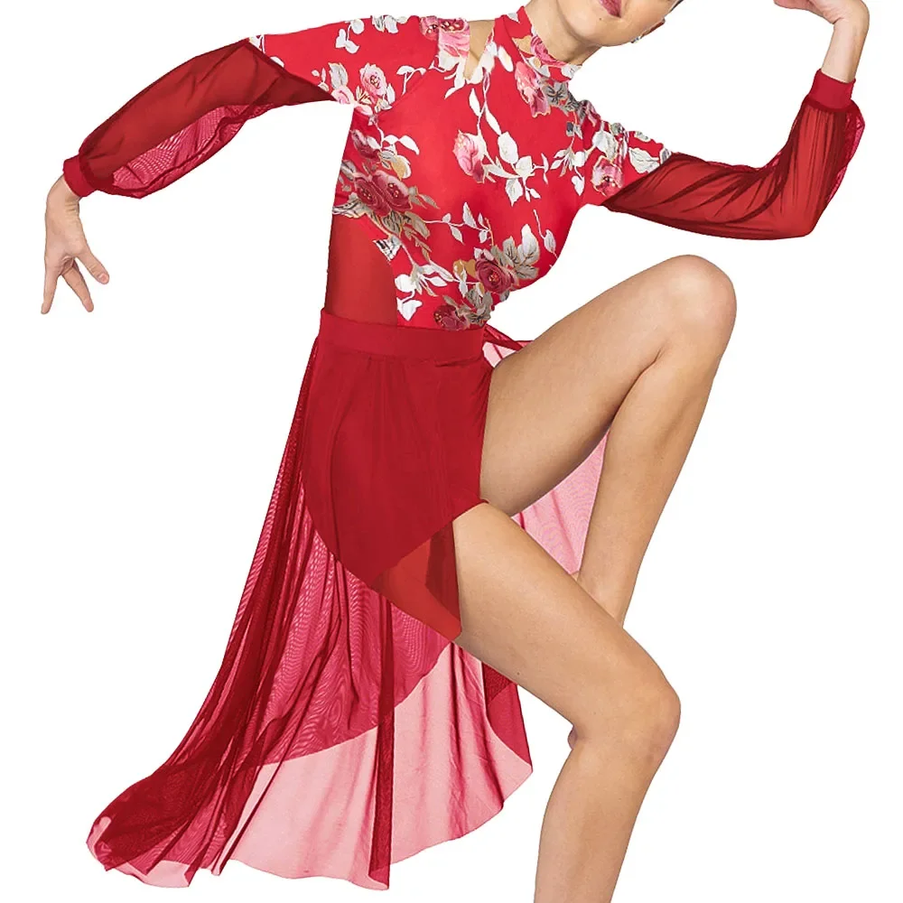MiDee مطبوعة ملابس رقص الباليه الحديثة الفتيات النساء عارية الذراعين طويلة الأكمام نفخة الأحمر الجمباز ارتداءها زي راقصة الباليه الكلاسيكية #4