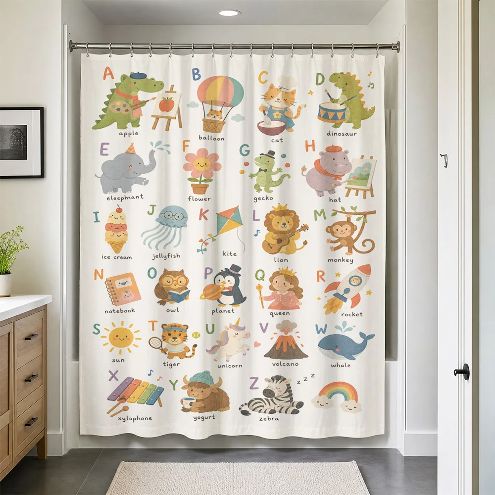 Cute Alphabet Shower Curtain Kids Bathroom Decor ABC Educational Nursery Liner Cartoon Print Water Curtain for Toddler Girls Boy