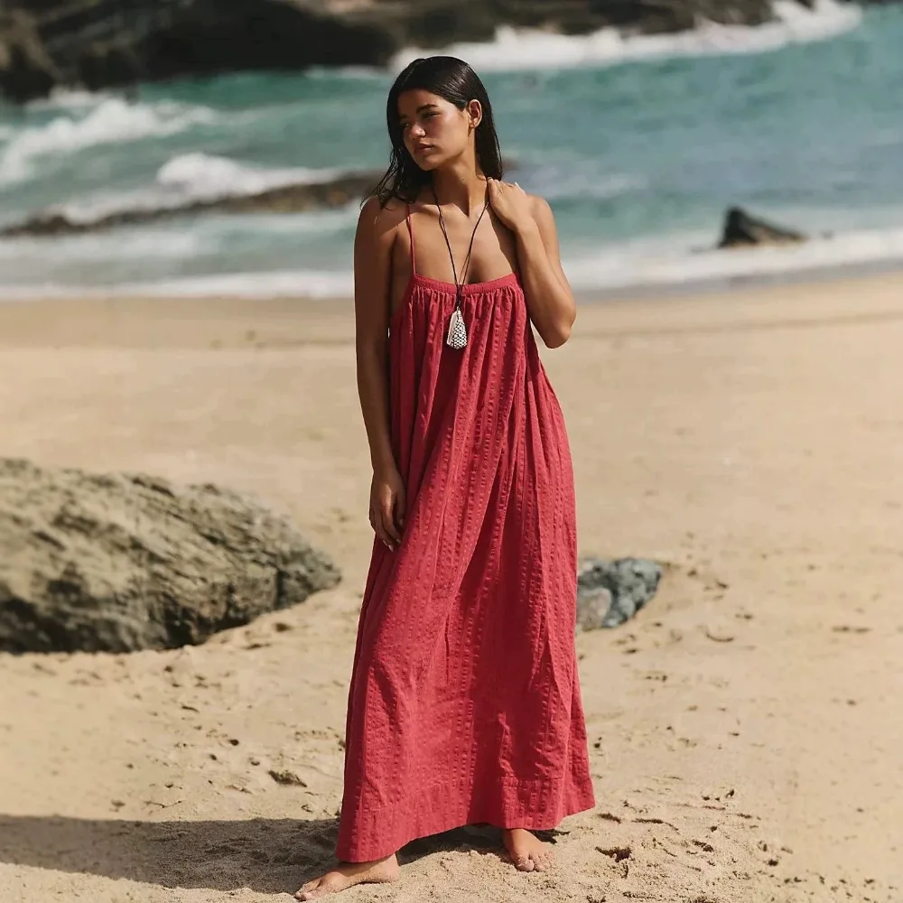 Women Red Textured Cotton Spaghetti Straps Maxi Dress Summer Boho Beach Vacation Casual Versatile Bohemian Sundress
