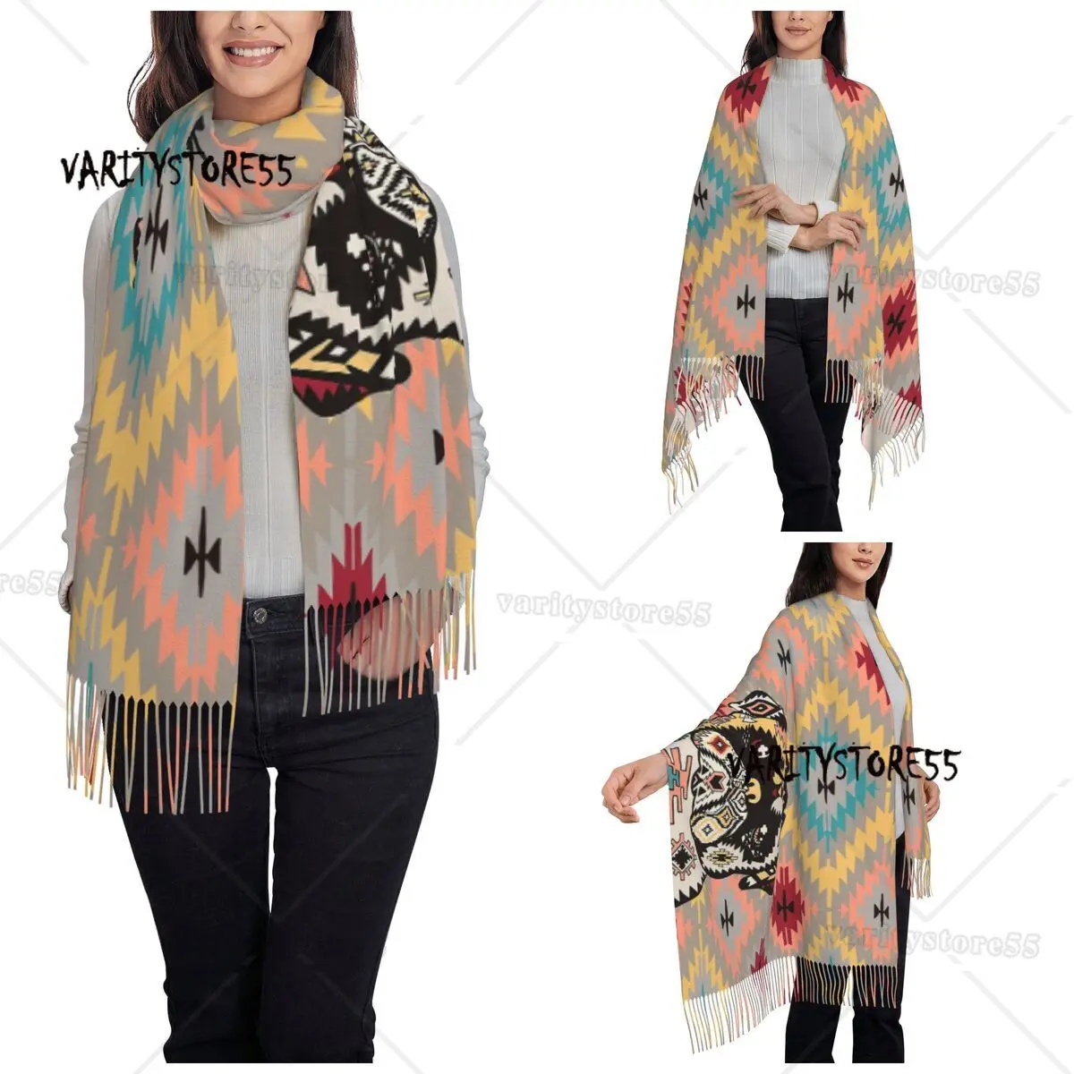 PUG Kilim Bohemian Shawls Wraps Womens Warm Large Long Scarf Boho Turkish Persian Pashminas Tassel Scarves