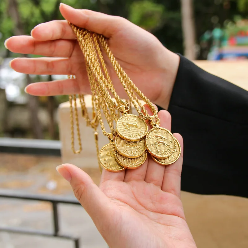 Gorąca sprzedaż Nowa stal nierdzewna 316L platerowana złotem 12 znaków zodiaku Okrągły naszyjnik Moda Biżuteria na prezent dla mężczyzn i kobiet — zdjęcie 7